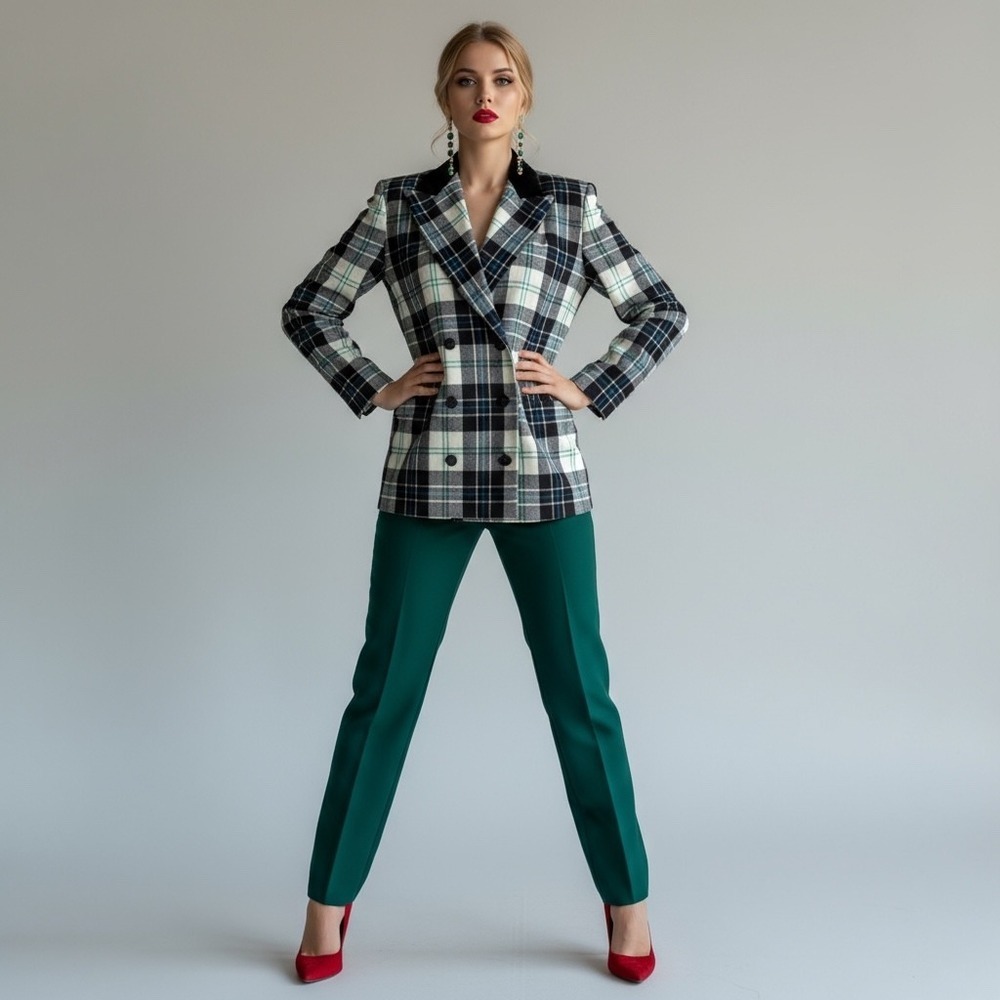Escada Margaretha Ley Plaid Double Breasted Blazer Jacket Velvet Collar US 10